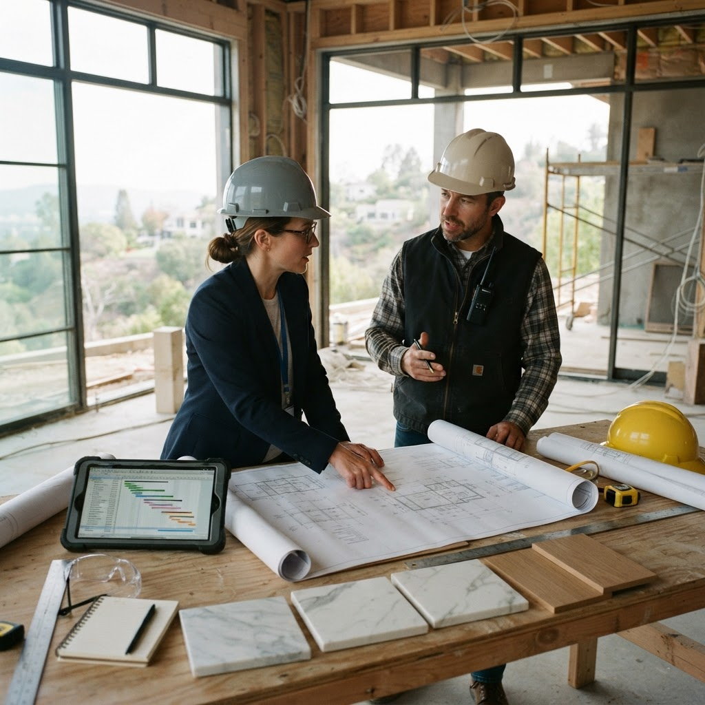 Arquitecto y project manager revisando planos y muestras de acabados en obra