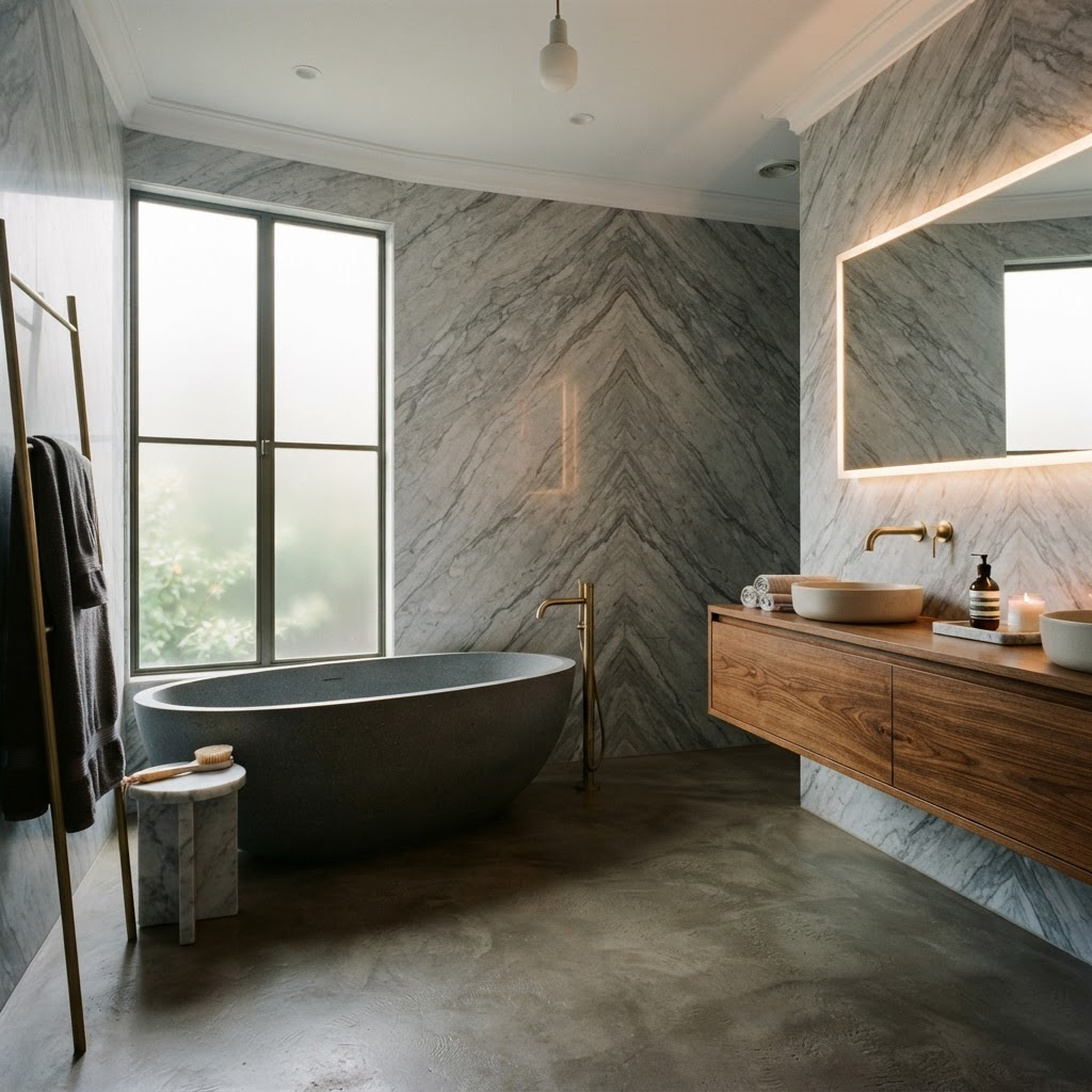 Baño principal remodelado con mármol veteado y tina independiente