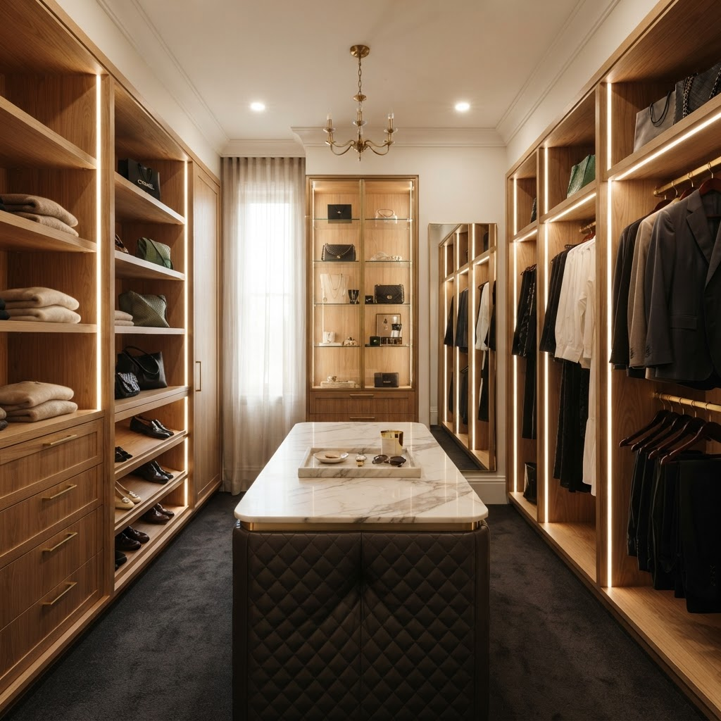 Walk-in closet de lujo con carpintería en roble e iluminación integrada
