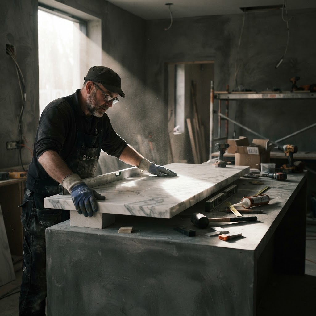 Marmolero especializado instalando una placa de mármol en una cocina de alto nivel