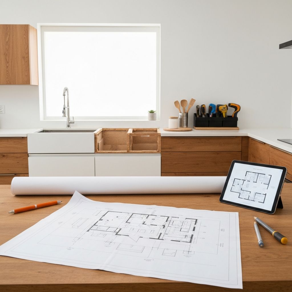 Planificación de remodelación con planos y herramientas